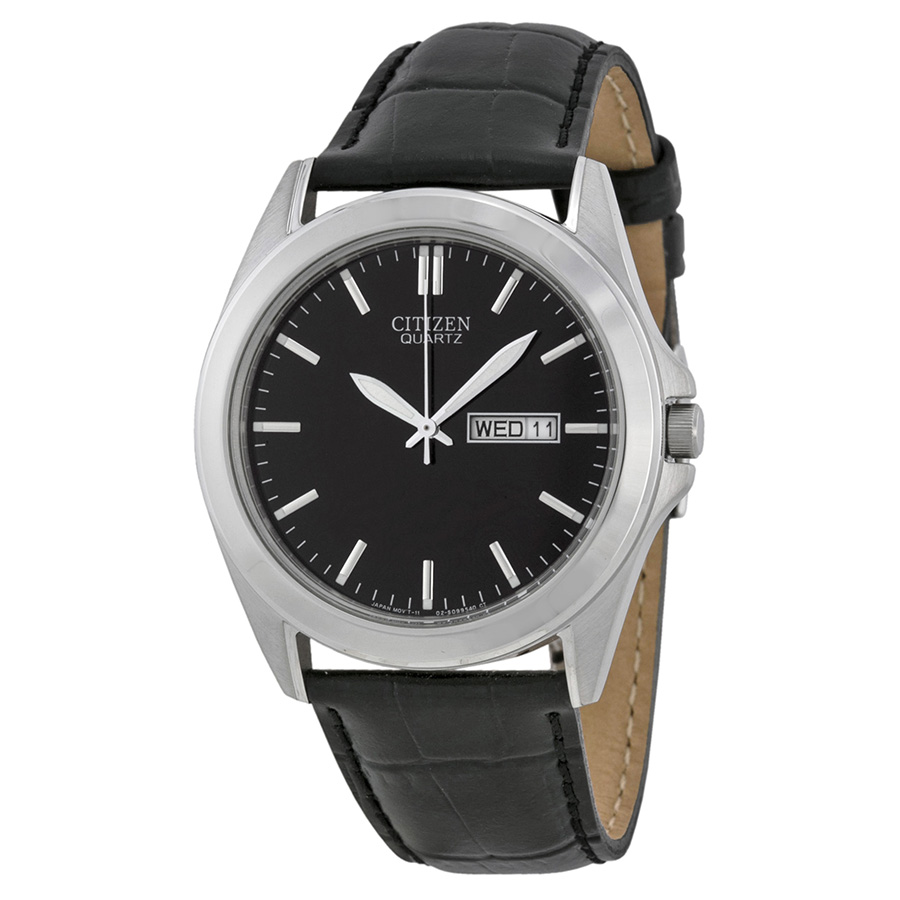 citizen-black-dial-stainless-steel-black-leather-strap-mens-watch-bf058006e.jpg Black Dial Black Leather Men's Watch - Image 1